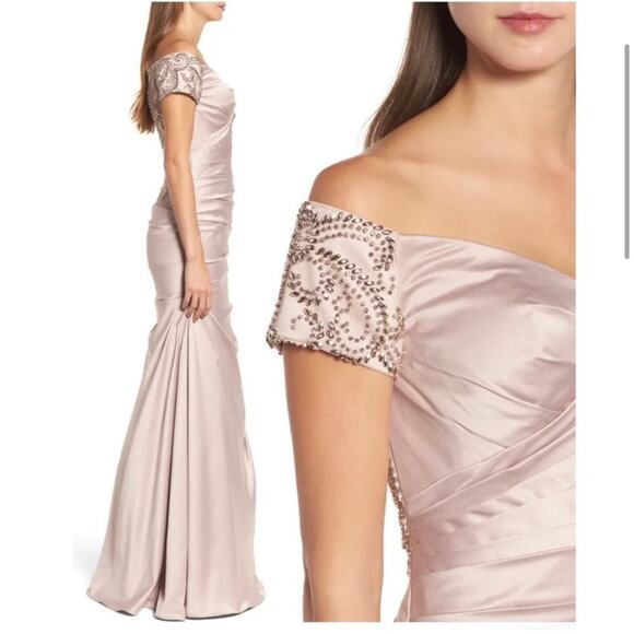 NWOT La Femme Off the Shoulder Beaded Satin Trumpet Gown in Champagne - Picture 7 of 11